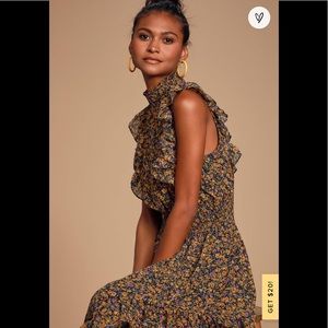 Evalina Mustard Yellow Floral Print Mock Neck Midi Dress